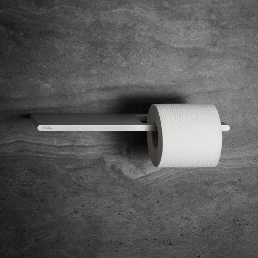 Close up product image of the Keuco Edition 400 Chrome Toilet Roll Holder with Shelf 11573 010000